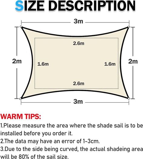 MULTIPLE SIZES/COLOURS AVAILABLE Sun Shade Sail 2m x 3m Rectangle Shade Sails Waterproof Outdoor Garden Patio Party Sunscreen Awning Canopy 98% UV Block With Free Rope, Cream White