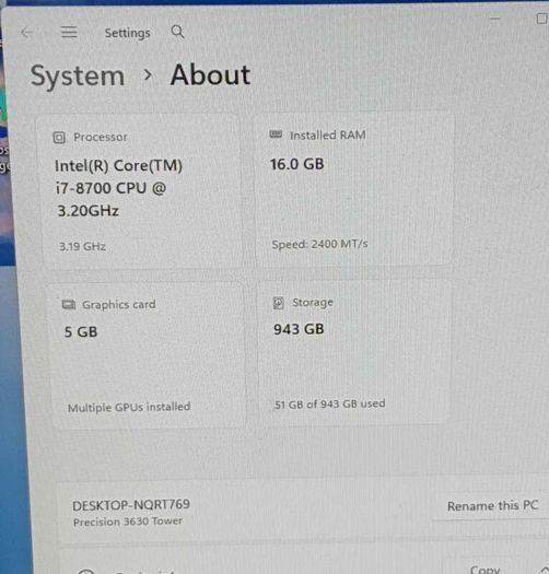Dell Precision 3630 Tower | Core i7-8700 | 16GB RAM | 512GB NVMe + 500GB HDD | Quadro P2000 5GB
