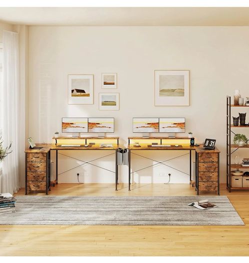 Corner Desk with 4 Drawers, L Shaped Computer Desk with LED Lights & Power Outlets, 160x80cm Reversible Home Office Workstation with Monitor Stand, Writing Desk with PC Stand, Vintage