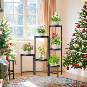 6 Tier Plant Stand Indoor Tall, Corner Metal Tiered Plant Stands Outdoor for Multiple Plants, Folding Iron Flower Display Holders Rack Shelf, Black