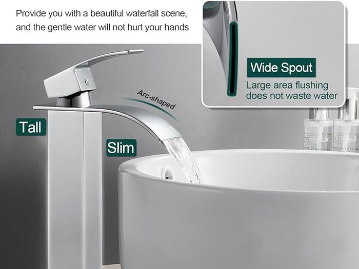 Waterfall Tall Bathroom Basin Mixer Taps with Single Lever, Square Mono Basin Mixer Tap Sink, Chrome