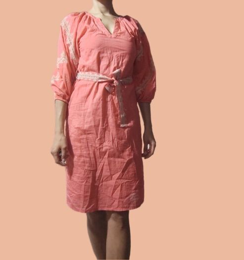 New pink dress Woolworth XS with embroidered details, cinched at the waist with a matching fabric belt