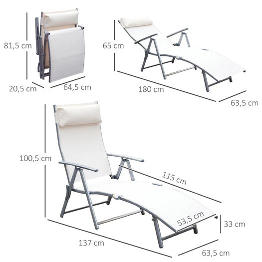 Outdoor Recliner Sun Lounger Chair, Steel Frame Folding Chaise Lounge Chair with Headrest, 7 Levels Adjustable Backrest and Breathable Mesh Fabric, Cream White