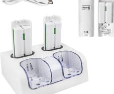 Charging Docking Station for Wii Controller, Remote Charger Dock Stand Cable Adapter with 4 Rechargeable Batteries (White)