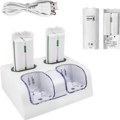 Charging Docking Station for Wii Controller, Remote Charger Dock Stand Cable Adapter with 4 Rechargeable Batteries (White)