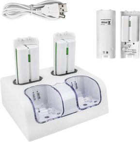 Charging Docking Station for Wii Controller, Remote Charger Dock Stand Cable Adapter with 4 Rechargeable Batteries (White)