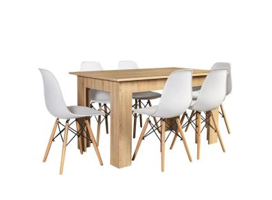 Nordic Oak Dining Set ,Table + 6 White Chairs