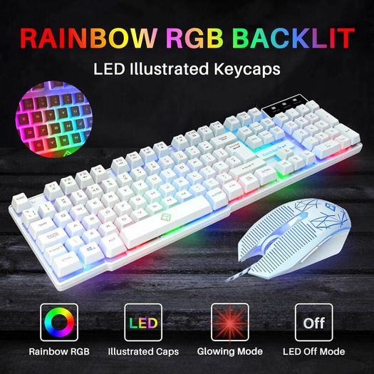 Raptor White Gaming Keyboard And Mouse Set With Large Mouse Pad, Rainbow LED Illustrated Keys, USB Wired Desktop Combo, UK Layout, For Desktop PC, Laptop, PS4, PS5, Xbox One