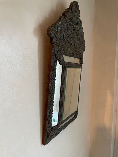 Antique Ornate Dutch Brass Repousse Cushion Wall Mirror Bevelled Glass