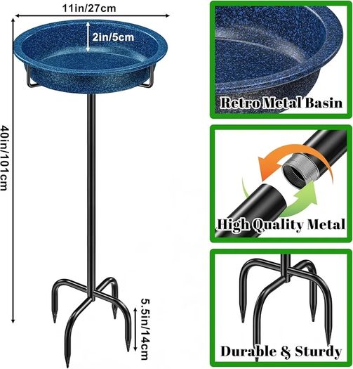 40 Inch Bird Feeding Bowl & Water Point Standing, Metal Bath for Wild Birds, Large Frost-Proof Winterproof (Blue)