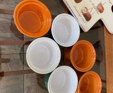 Vintage Mixed Set Emile Henry Ramekins Brown and Green Ribbed Oven to Tableware Set of 6 1980s 2000s