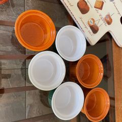 Vintage Mixed Set Emile Henry Ramekins Brown and Green Ribbed Oven to Tableware Set of 6 1980s 2000s