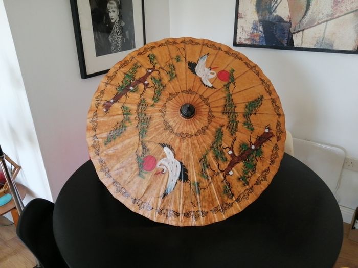 Vintage Oriental Hand Painted Bamboo Umbrella