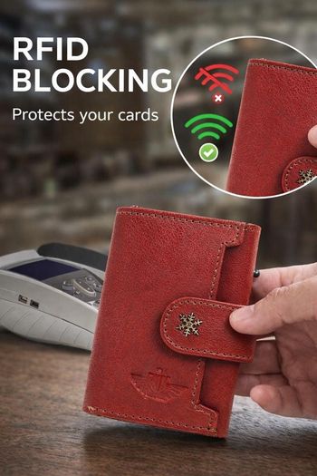 Genuine Leather Pop-Up Card Holder Wallet RFID Blocking Slim Credit Card Case