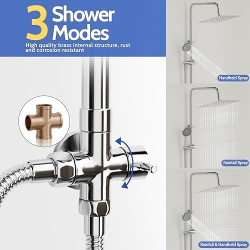 Shower Mixer Set, Height Adjustable Shower System with 5 Jet Types Handheld Shower & 12'' Square Overhead Rainfall Shower Head, Water Saving Stainless Steel Shower Kit Without Tap, Chrome