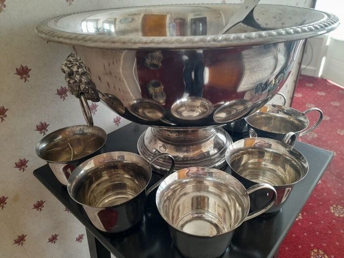 Silver plated punch bowl and cups