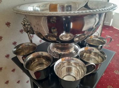 Silver plated punch bowl and cups