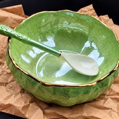 Vintage circular Maling ware leaf shaped salad bowl,  green Malingware mark, 8 1/2" with spoon