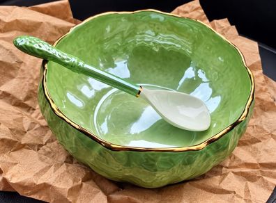 Vintage circular Maling ware leaf shaped salad bowl,  green Malingware mark, 8 1/2" with spoon