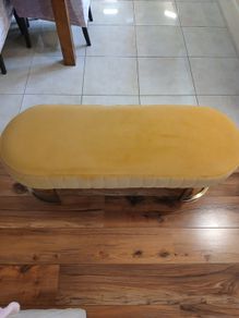 Yellow velvet bench with gold-tone curved legs