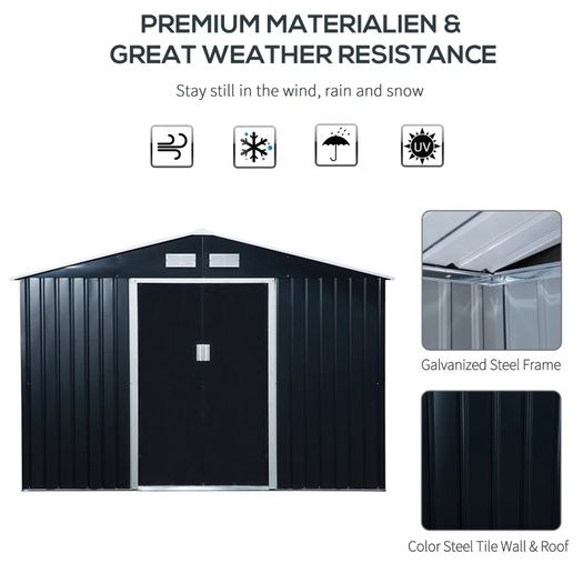 9 x 6FT Metal Shed Roofed Garden Shed Outdoor Storage Shed with Foundation Ventilation & Doors, Dark Grey (FREE POSTAGE)