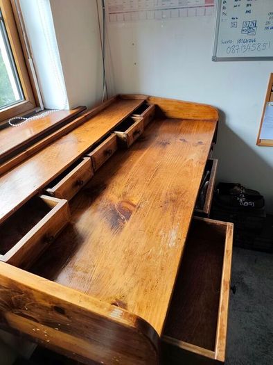 Large Vintage Solid Wood Pine Desk with Multiple Drawers