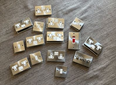 17 X Brushed Grey Plug Sockets And Switched
