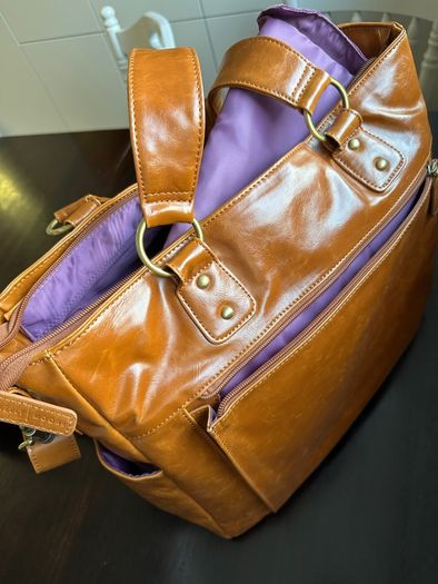 Kelly Moore Camera Bag, Leather Tote, DSLR Shoulder Bag, Laptop Bag, Cognac / Tan, Padded Dividers, Dust Bag