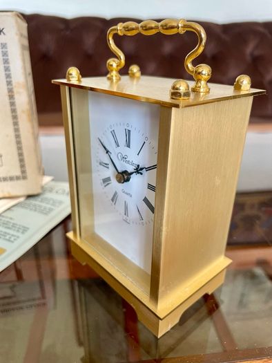 As New Vintage Westclox Quartz Carriage Clock Gold Metal Rectangular Roman Numerals Analogue 1980s