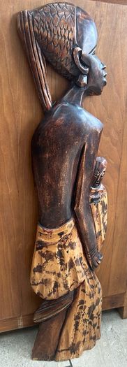 Large African Mother and Child Hand Carved Wood Relief Wall Art 78cm