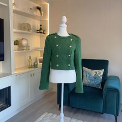 Green Tweed Textured Weave Jacket with Gold Buttons from Zara