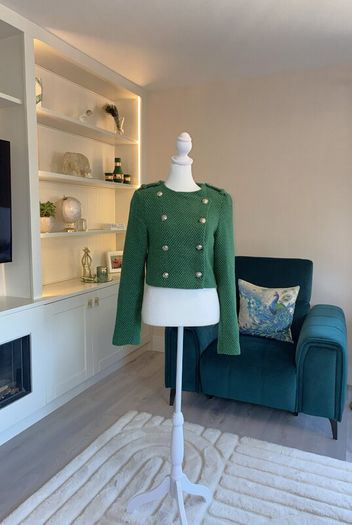 Green Tweed Textured Weave Jacket with Gold Buttons from Zara
