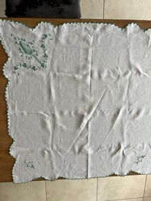 Vintage white linen table cloth with Harp and shamrocks