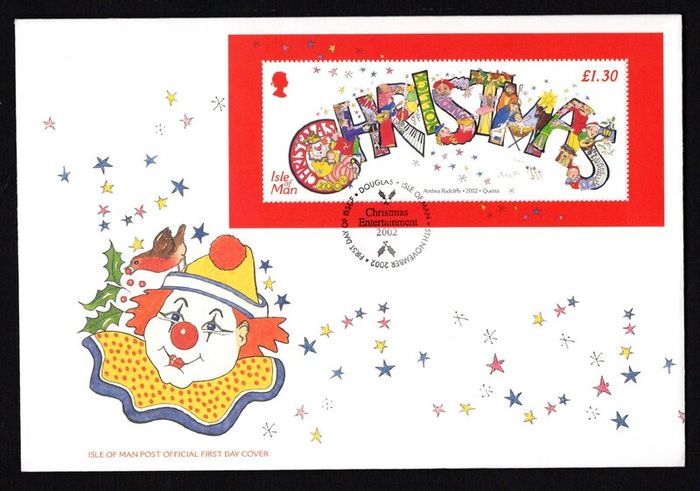 2002 Isle of Man Christmas: Entertainment Commemorative Stamp Miniature Sheet First Day Cover (FDC)