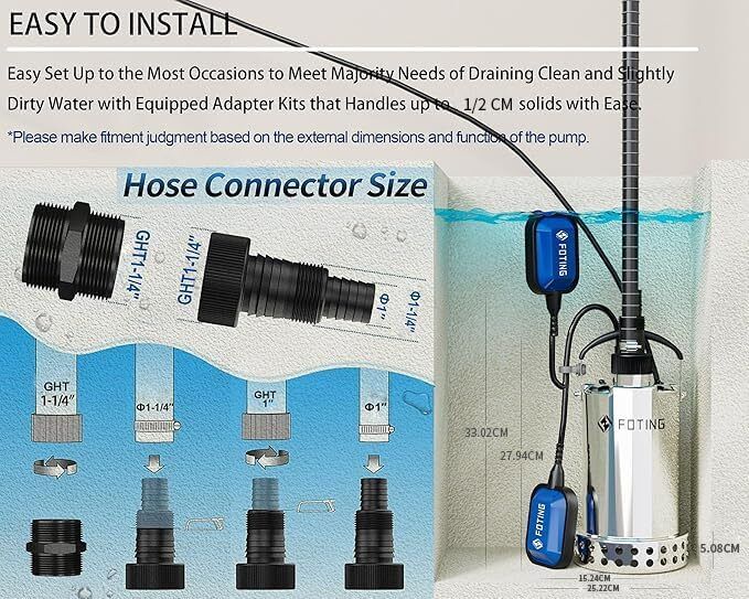 900W Stainless Steel Submersible Water Pump with Float Switch, 13000 L/H Electric Sump Pump for Dirty/Clean Water