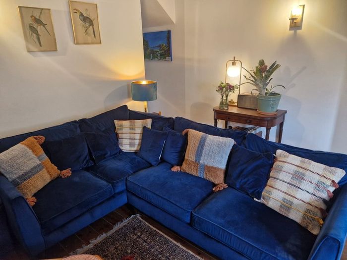 L shaped sofa/couch, blue velvet.