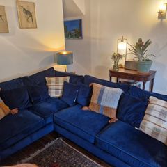 L shaped sofa/couch, blue velvet.