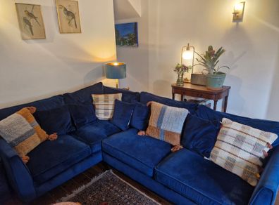 L shaped sofa/couch, blue velvet.