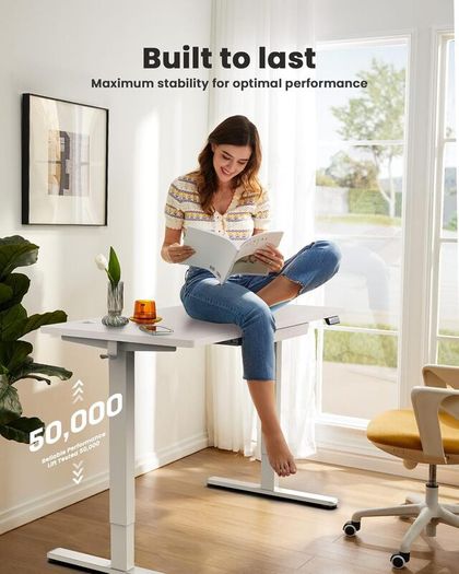 Electric Standing Desk 160 x 80 cm Height Adjustable Sit Stand Table with Easy-Glide Drawer 4 Memory Smart Pannal T-Leg Design for Stability Splice Board White Frame Surface