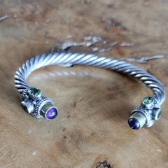 Bracelet Beautiful Silver Torque Bangle Cuff with Amethyst and peridot