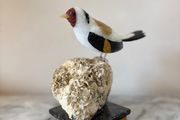 Premium Multi-Stone Gemstone Goldfinch Bird Carving on Rare Crystal Cluster Base