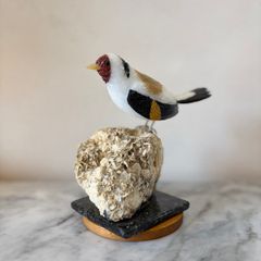 Premium Multi-Stone Gemstone Goldfinch Bird Carving on Rare Crystal Cluster Base