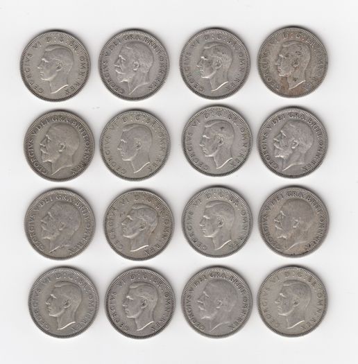 G.B. 16 x SHILLING, 1/-, 16 x 50% Silver Coins ( no.443)