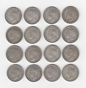 G.B. 16 x SHILLING, 1/-, 16 x 50% Silver Coins ( no.443)