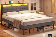 King Size Bed Frame with LED Lights &amp; Charging Station Upholstered Storage Headboard/Under Bed Storage