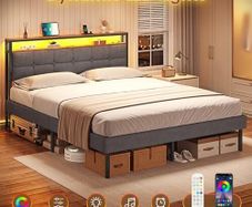 King Size Bed Frame with LED Lights & Charging Station Upholstered Storage Headboard/Under Bed Storage