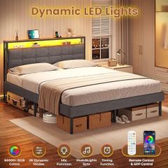 King Size Bed Frame with LED Lights & Charging Station Upholstered Storage Headboard/Under Bed Storage