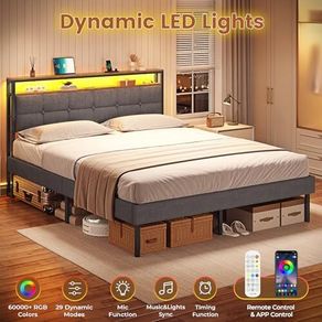 King Size Bed Frame with LED Lights & Charging Station Upholstered Storage Headboard/Under Bed Storage
