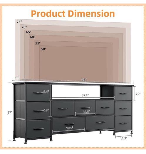 Tv Cabinet, Dresser for Bedroom with 11 Fabric Drawers, TV Stand with Power Socket for TVs up to 70 inchTV Units for Living Room, Bedroom, Black