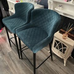 Pair of Teal Velvet Quilted Dining Chairs